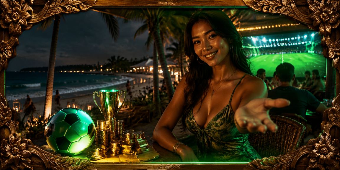 Suasana pantai dengan pengguna yang sedang melihat odds taruhan sepak bola di ponsel